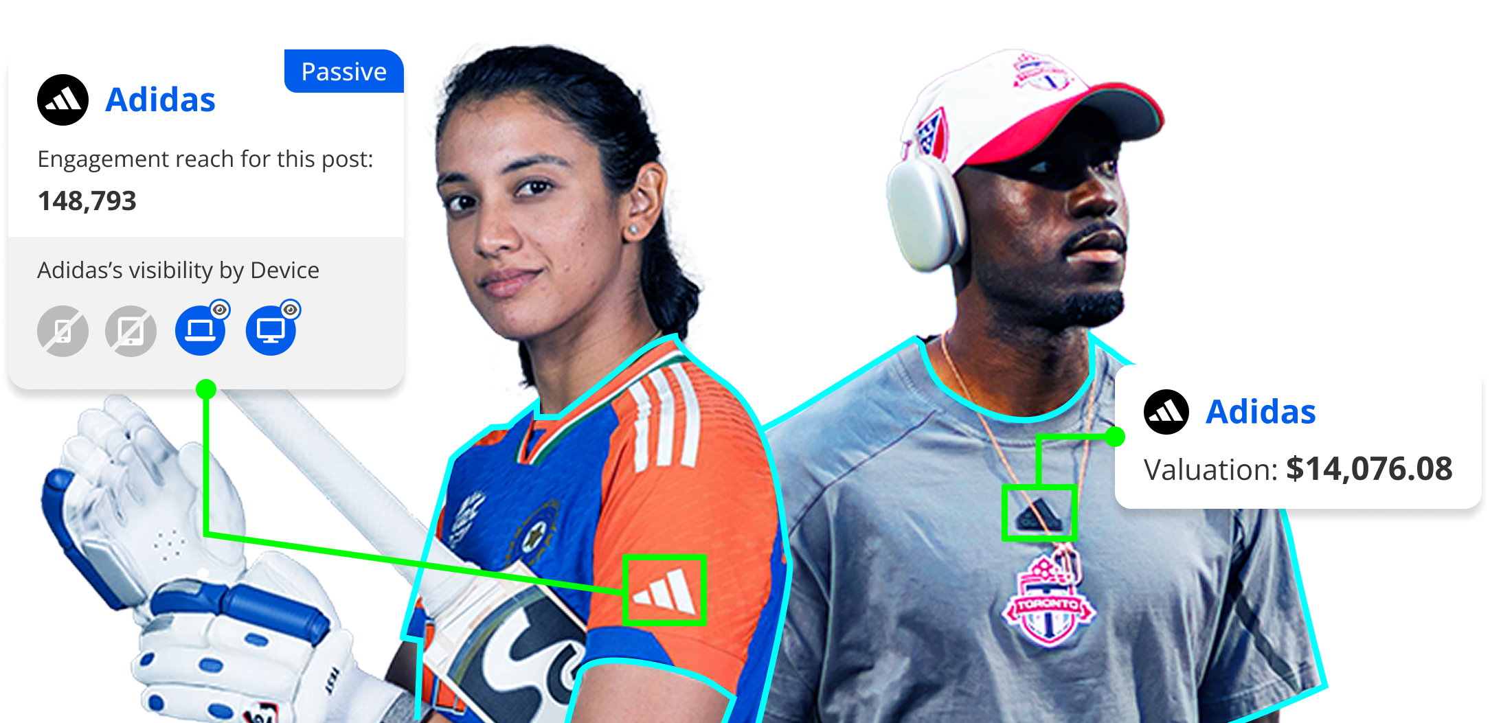 A marketing graphic for Blinkfire Analytics, featuring two athletes next to data points on sponsorship assets, and a call to action to Book a demo.