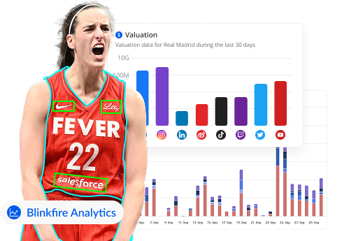 A marketing graphic for Blinkfire Analytics showing an athlete in a sponsored jersey next to a bar graph of social media valuation data.