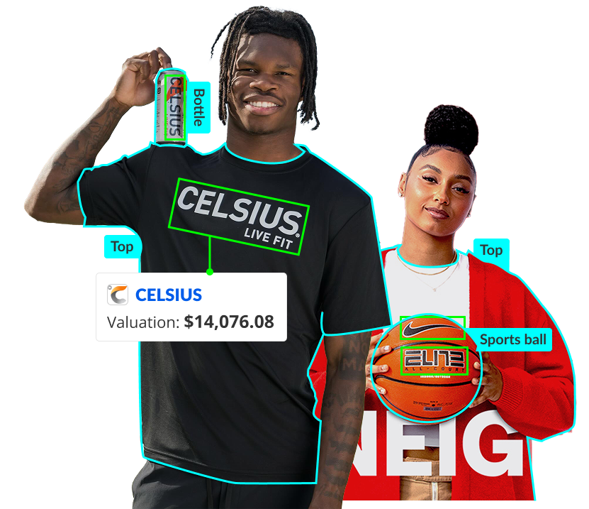 A hero image for Blinkfire's College Athletics and NIL Solutions. The graphic features a male and female student-athlete, each with digital overlays highlighting their apparel and gear using Blinkfire's AI and CV technology. The male athlete has a pop-up showing the valuation of a Celsius brand sponsorship, while the female athlete holds a basketball.