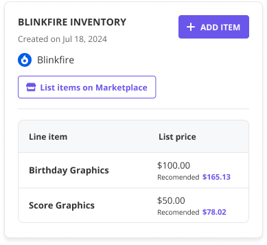 A user interface from Blinkfire Inventory Manager showing a list of inventory items, including Birthday Graphics and Score Graphics, with their list prices and recommended prices.