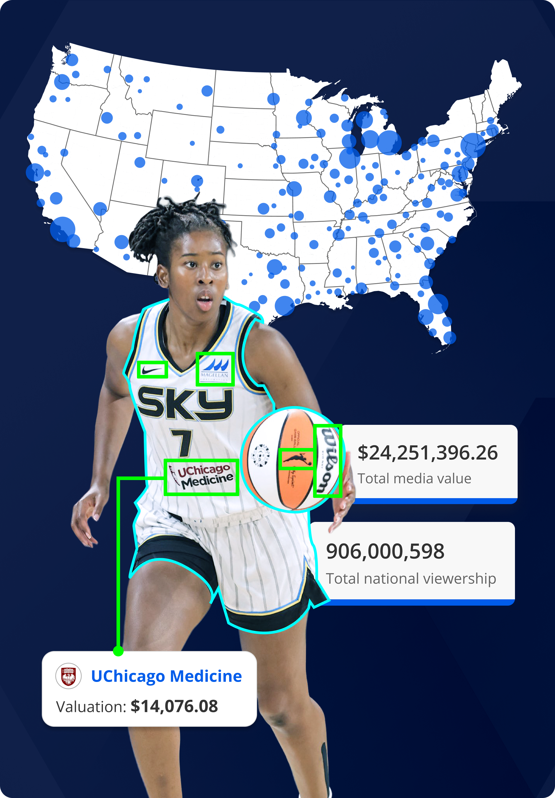 Blinkfire's logo detections on a Chicago Sky player's uniform. A U.S map with detections in the background.